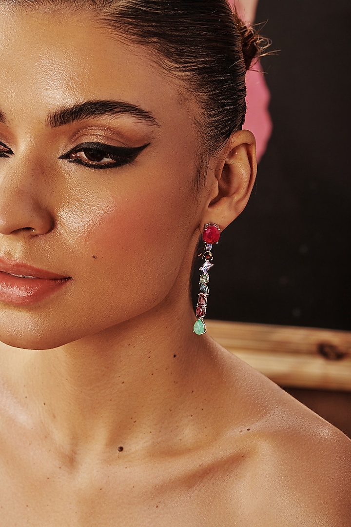 White Rhodium Finish Multi-Colored Sapphire Cubic Zirconia Crystal Dangler Earrings In Sterling Silver by MISS JO at Pernia's Pop Up Shop