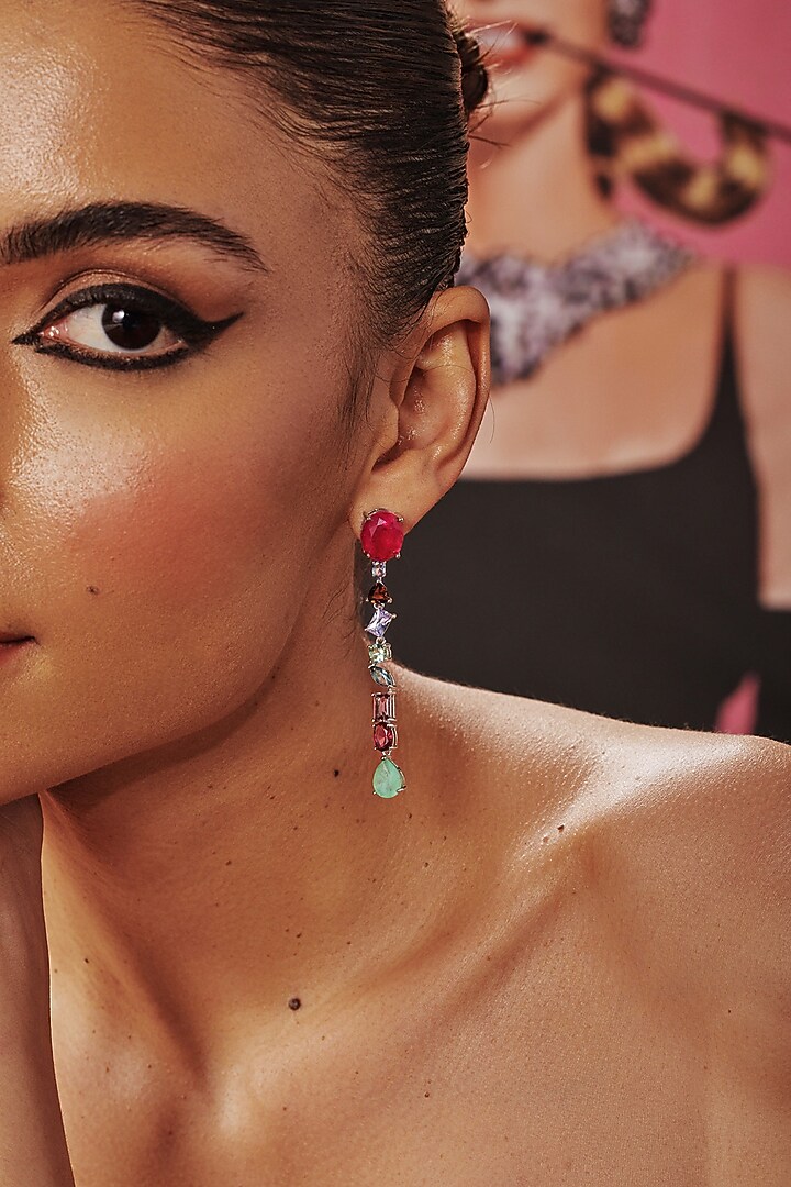 White Rhodium Finish Multi-Colored Sapphire Cubic Zirconia Crystal Dangler Earrings In Sterling Silver by MISS JO at Pernia's Pop Up Shop