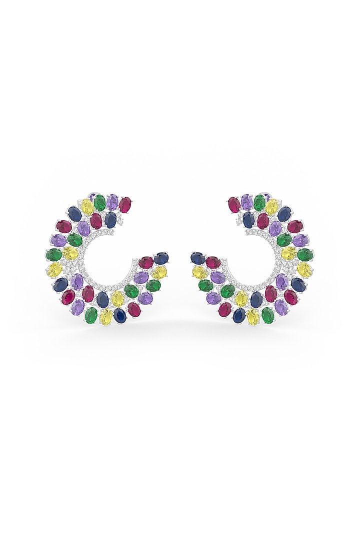 White Rhodium Finish Multi-Colored Cubic Zirconia Crystal C-shaped Earrings In Sterling Silver by MISS JO at Pernia's Pop Up Shop
