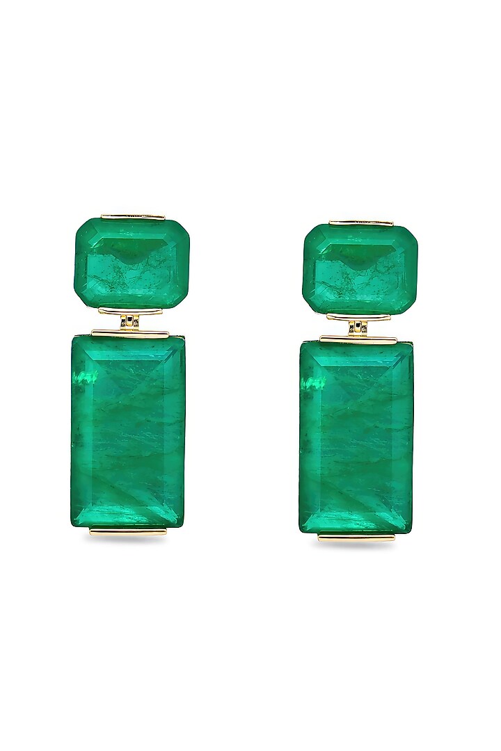Gold Finish Emerald Green Natural Stone Dangler Earrings In Sterling Silver by MISS JO at Pernia's Pop Up Shop