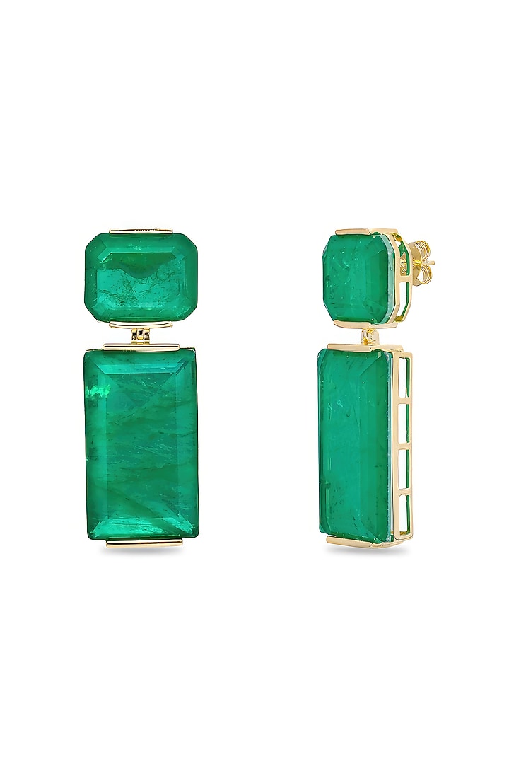 Gold Finish Emerald Green Natural Stone Dangler Earrings In Sterling Silver by MISS JO at Pernia's Pop Up Shop