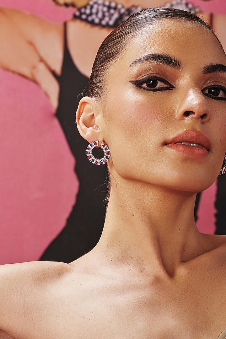 White Rhodium Finish Purple Cubic Zirconia Crystal Dangler Earrings In Sterling Silver by MISS JO at Pernia's Pop Up Shop