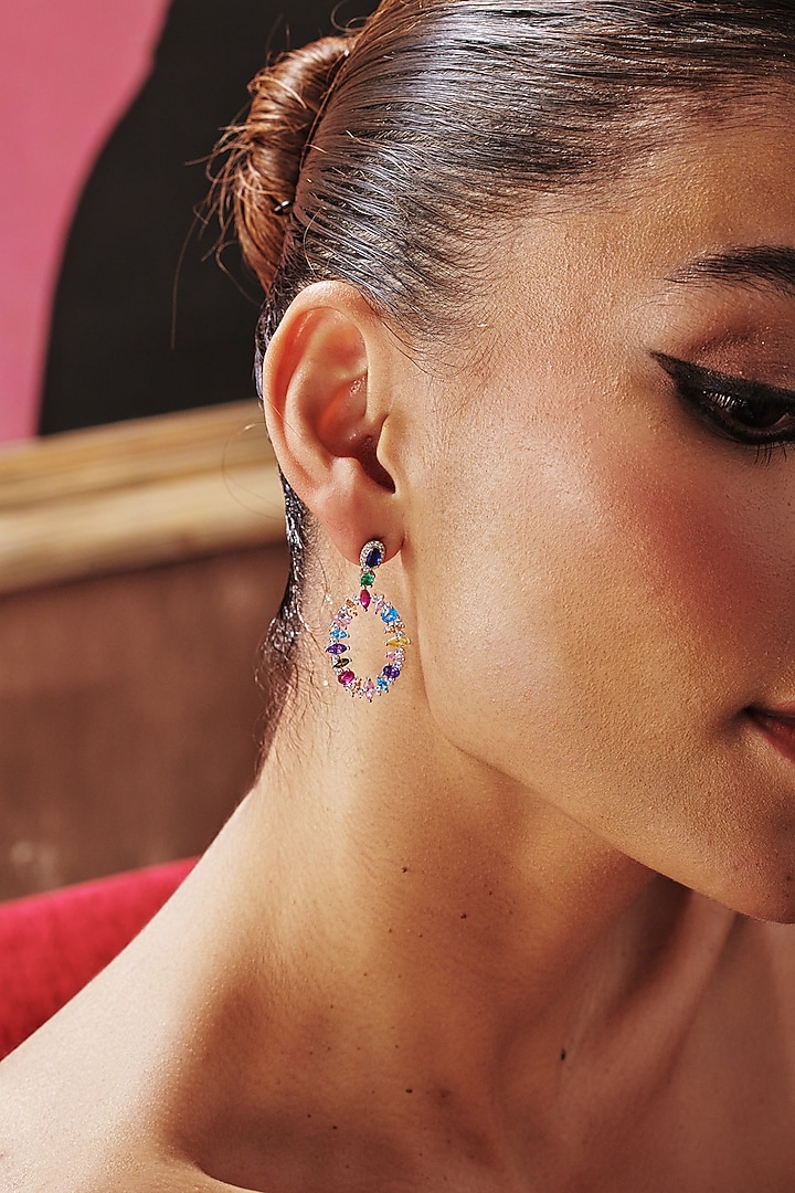 White Rhodium Finish Multi-Colored Cubic Zirconia Crystal Dangler Earrings In Sterling Silver by MISS JO at Pernia's Pop Up Shop