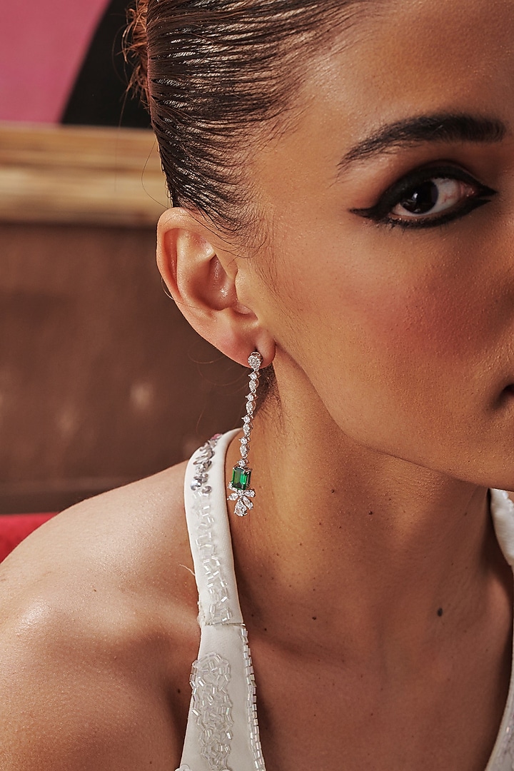 White Rhodium Finish Emerald Green Cubic Zirconia Crystal Dangler Earrings In Sterling Silver by MISS JO at Pernia's Pop Up Shop