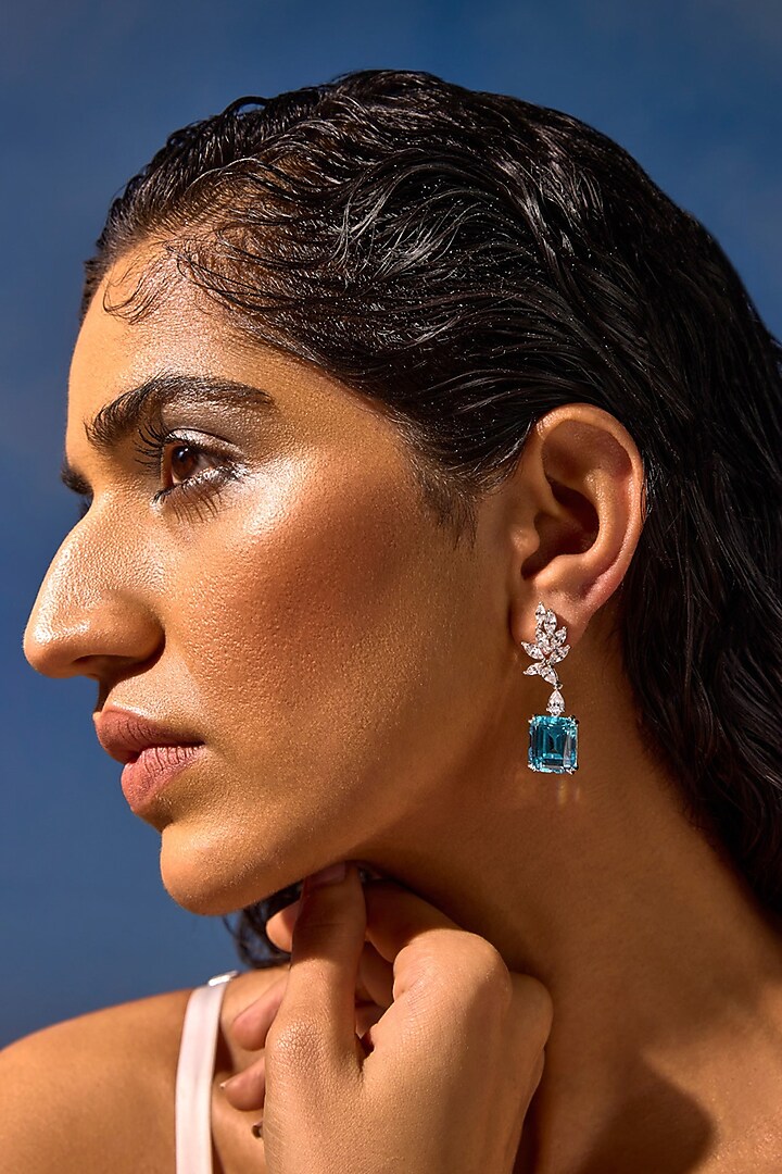 White Rhodium Finish Aqua Cubic Zirconia Crystal Dangler Earrings In Sterling Silver by MISS JO at Pernia's Pop Up Shop