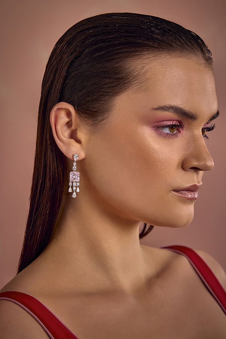 White Rhodium Finish Pink Cubic Zirconia Crystal Dangler Earrings In Sterling Silver by MISS JO at Pernia's Pop Up Shop