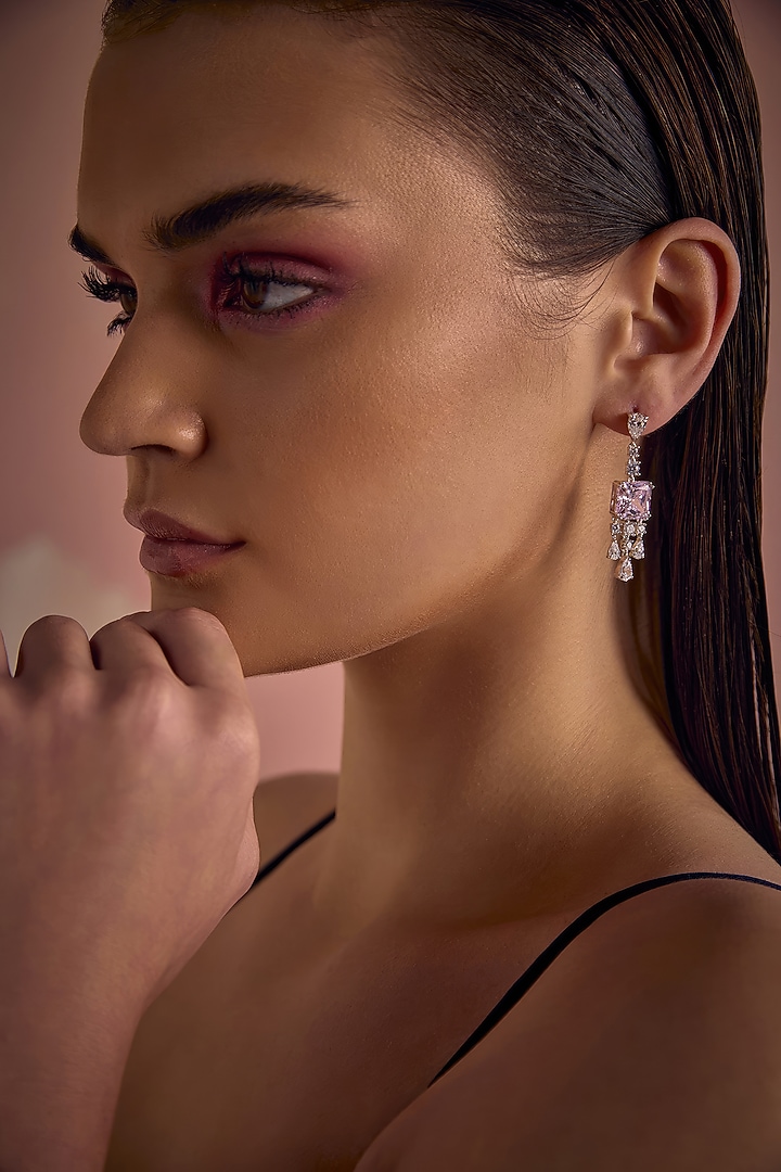 White Rhodium Finish Pink Cubic Zirconia Crystal Dangler Earrings In Sterling Silver by MISS JO at Pernia's Pop Up Shop