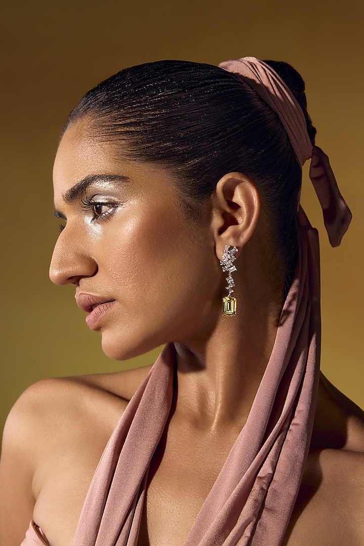 White Rhodium Finish Yellow Cubic Zirconia Crystal Dangler Earrings In Sterling Silver by MISS JO at Pernia's Pop Up Shop