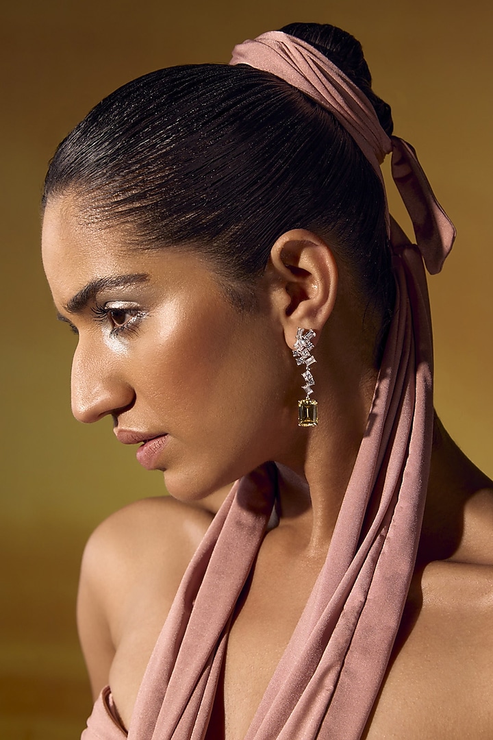 White Rhodium Finish Yellow Cubic Zirconia Crystal Dangler Earrings In Sterling Silver by MISS JO at Pernia's Pop Up Shop