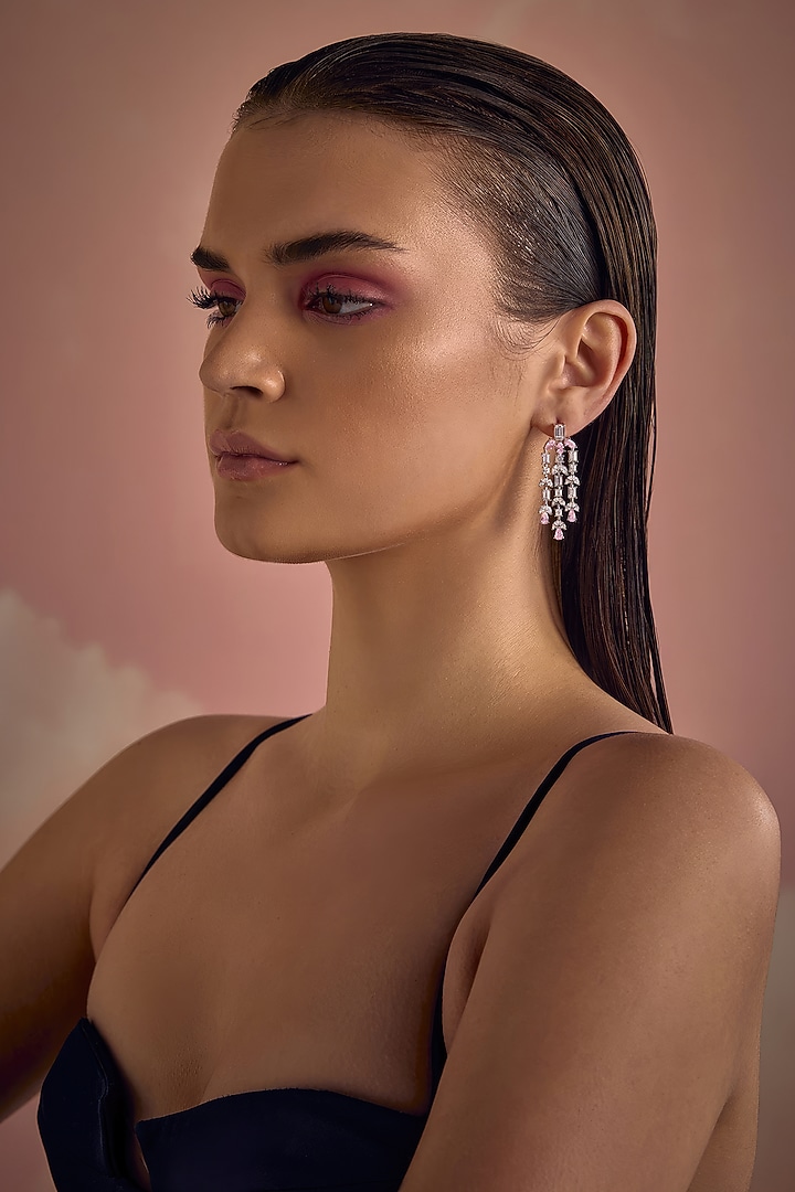 White Rhodium Finish Pink Cubic Zirconia Crystal Dangler Earrings In Sterling Silver by MISS JO at Pernia's Pop Up Shop