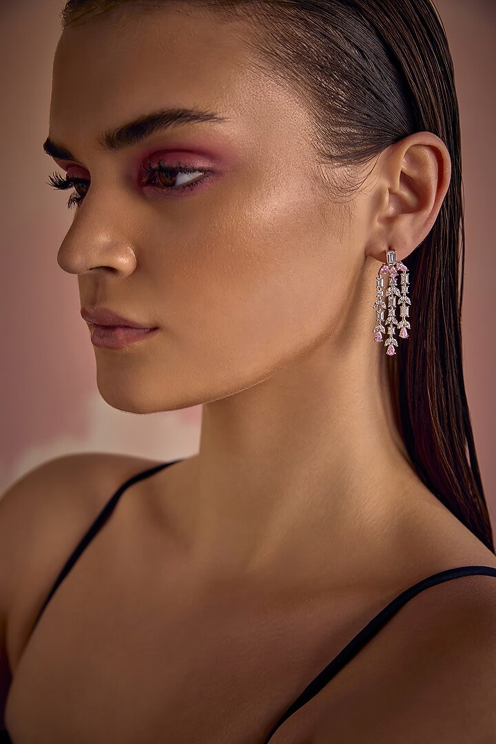 White Rhodium Finish Pink Cubic Zirconia Crystal Dangler Earrings In Sterling Silver by MISS JO at Pernia's Pop Up Shop