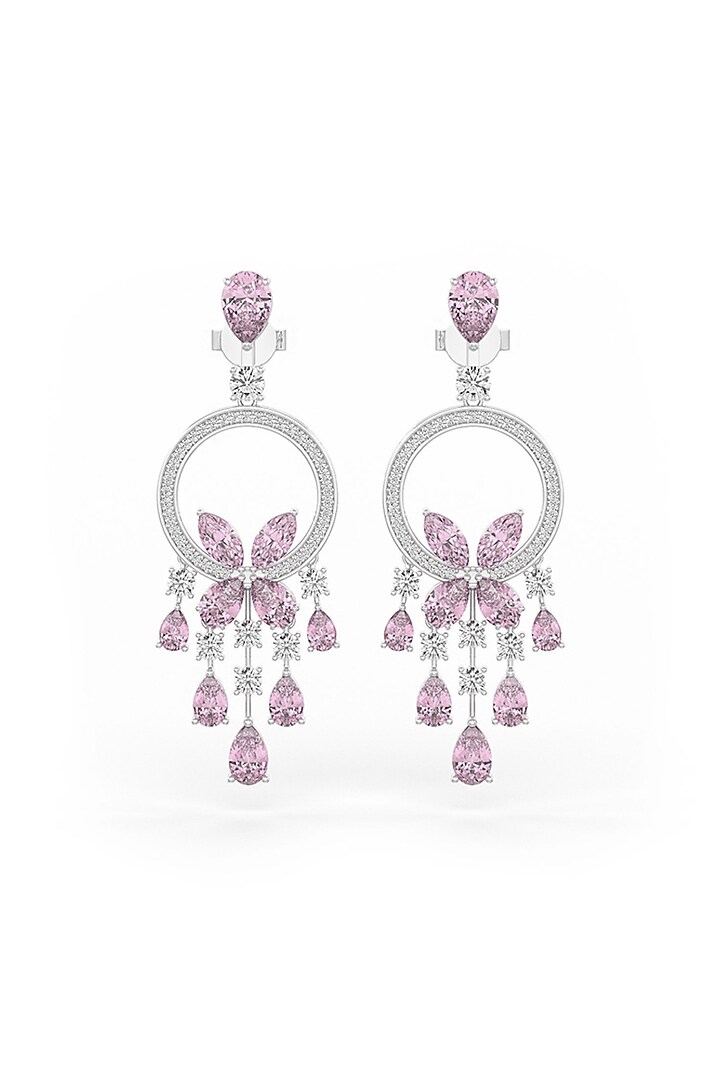 White Rhodium Finish Pink Cubic Zirconia Crystal Dangler Earrings In Sterling Silver by MISS JO at Pernia's Pop Up Shop