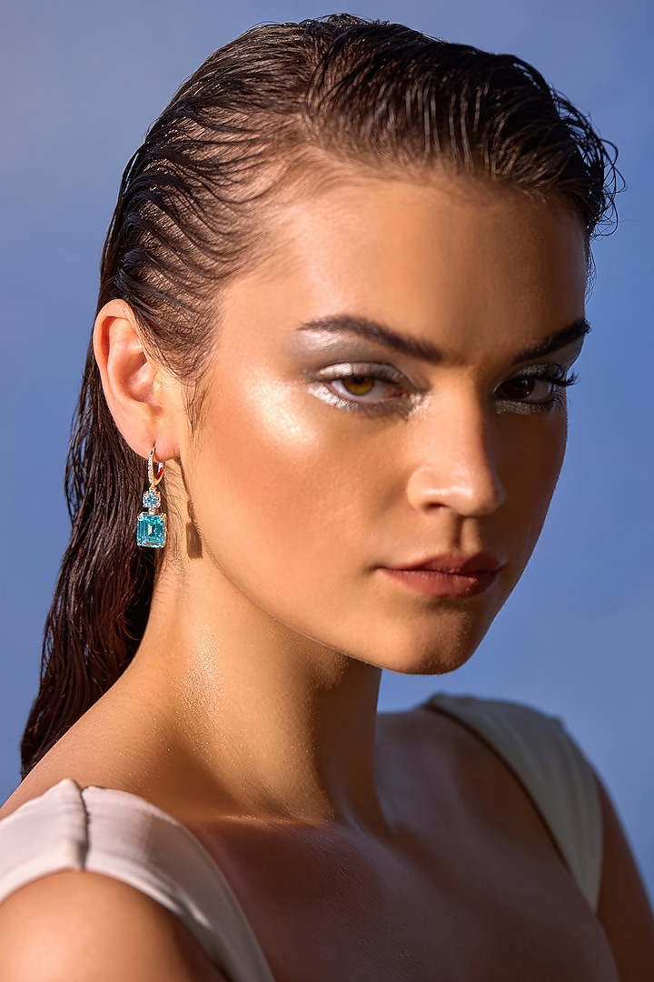 White Rhodium Finish Aqua Cubic Zirconia Crystal Dangler Earrings In Sterling Silver by MISS JO at Pernia's Pop Up Shop
