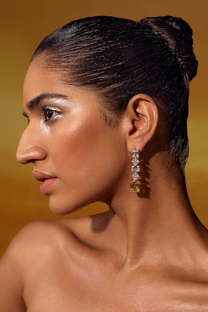 White Rhodium Finish Yellow Cubic Zirconia Crystal Dangler Earrings In Sterling Silver by MISS JO at Pernia's Pop Up Shop