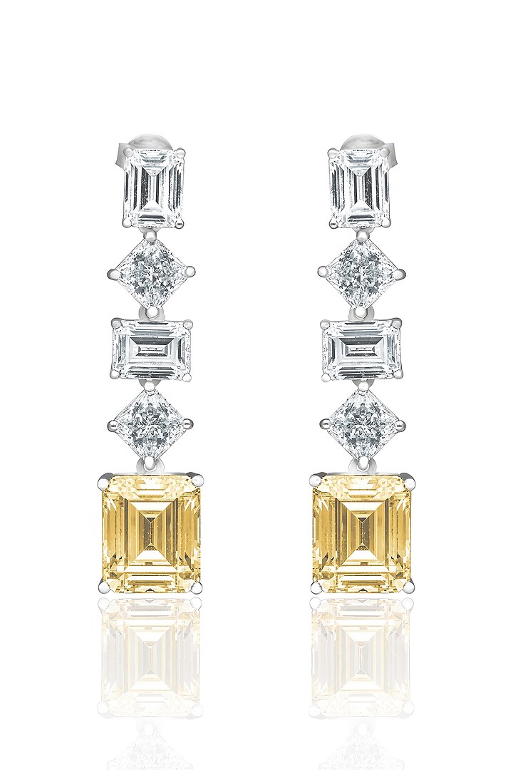 White Rhodium Finish Yellow Cubic Zirconia Crystal Dangler Earrings In Sterling Silver by MISS JO at Pernia's Pop Up Shop