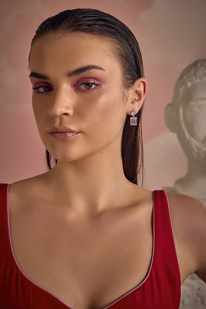 White Rhodium Finish Pink Cubic Zirconia Crystal Dangler Earrings In Sterling Silver by MISS JO at Pernia's Pop Up Shop