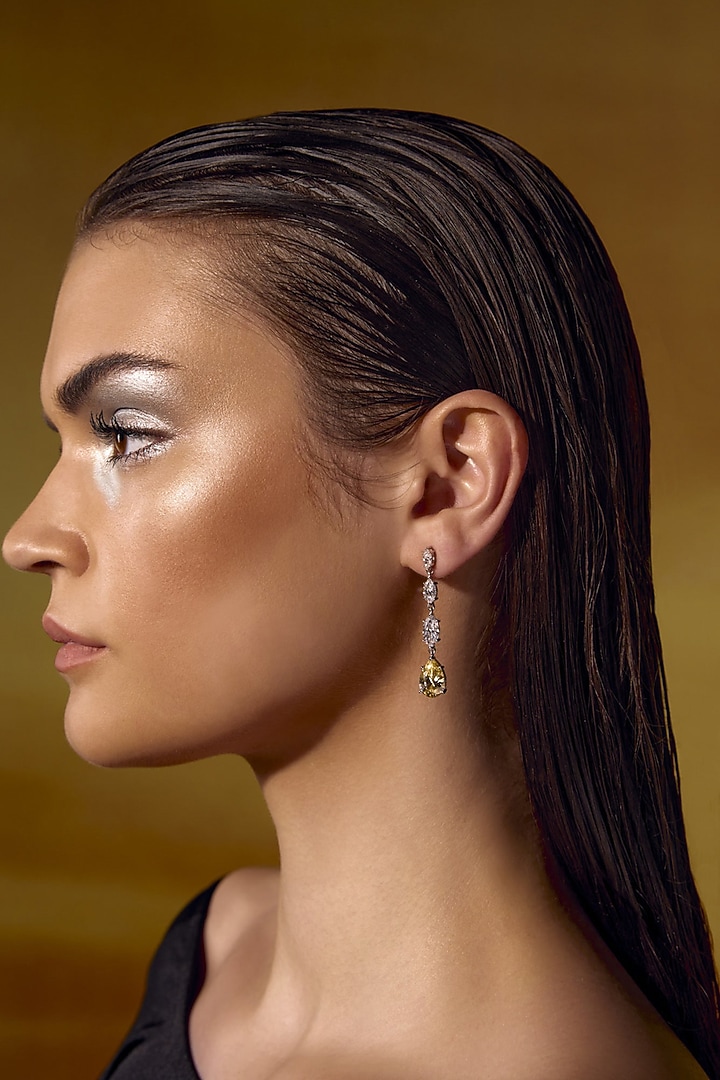 White Rhodium Finish Yellow Cubic Zirconia Crystal Dangler Earrings In Sterling Silver by MISS JO at Pernia's Pop Up Shop