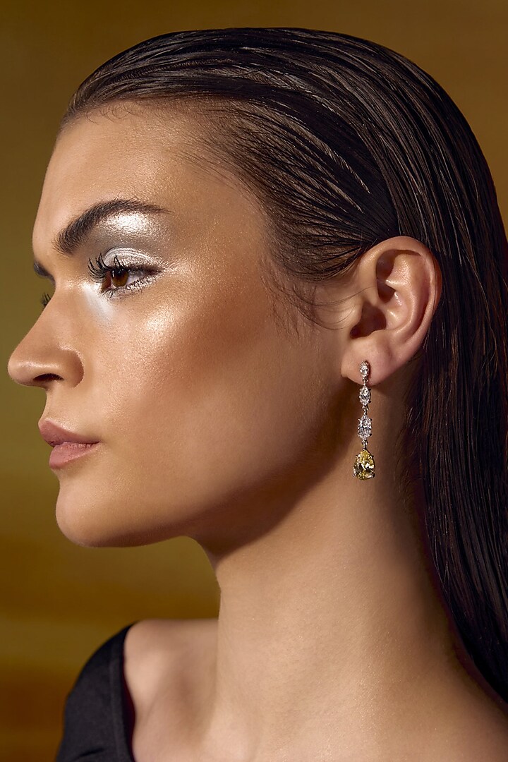 White Rhodium Finish Yellow Cubic Zirconia Crystal Dangler Earrings In Sterling Silver by MISS JO at Pernia's Pop Up Shop