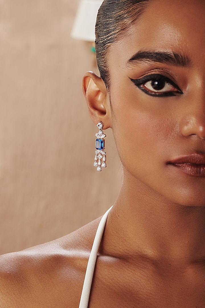 White Rhodium Finish Blue Cubic Zirconia Crystal Dangler Earrings In Sterling Silver by MISS JO at Pernia's Pop Up Shop