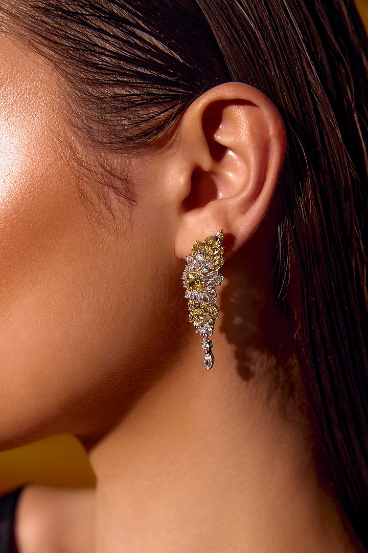 White Rhodium Finish Yellow Cubic Zirconia Crystal Dangler Earrings In Sterling Silver by MISS JO at Pernia's Pop Up Shop
