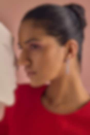 White Rhodium Finish Emerald-Cut Pink Cubic Zirconia Crystal Dangler Earrings In Sterling Silver by MISS JO at Pernia's Pop Up Shop