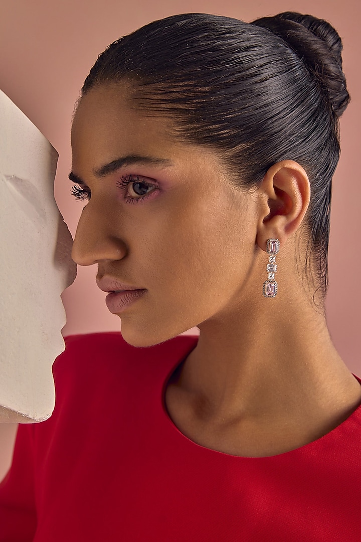 White Rhodium Finish Emerald-Cut Pink Cubic Zirconia Crystal Dangler Earrings In Sterling Silver by MISS JO at Pernia's Pop Up Shop