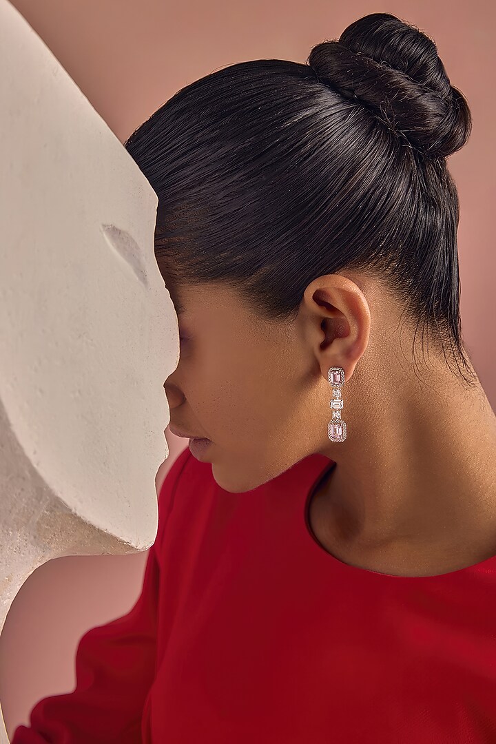 White Rhodium Finish Emerald-Cut Pink Cubic Zirconia Crystal Dangler Earrings In Sterling Silver by MISS JO at Pernia's Pop Up Shop