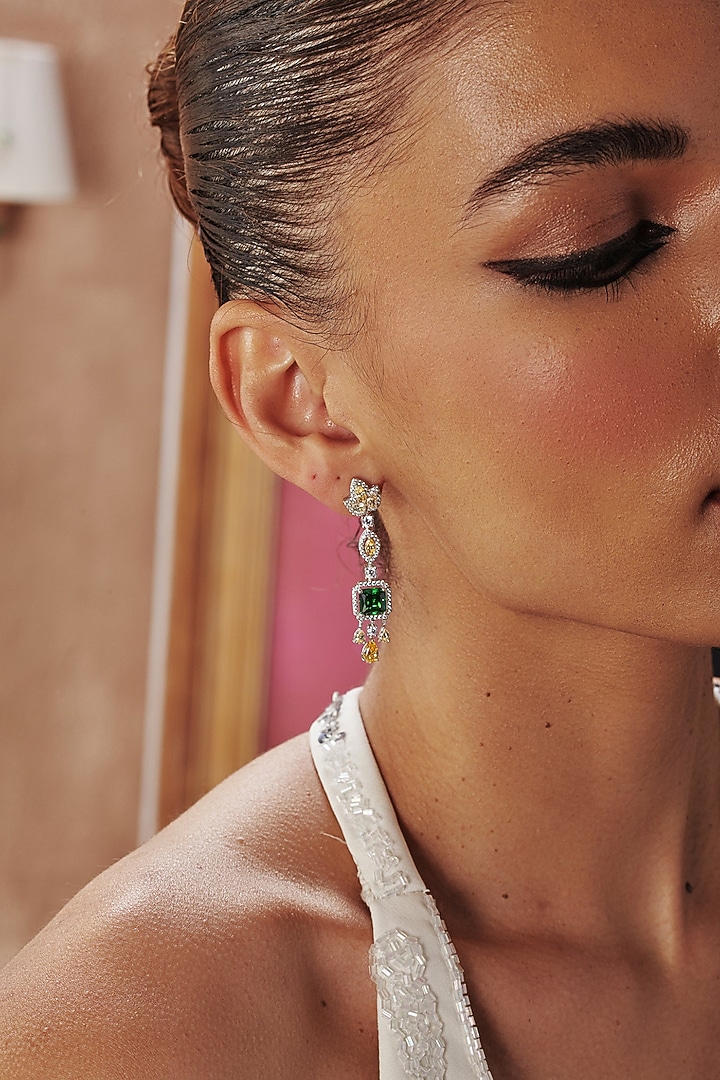 White Rhodium Finish Emerald Green Cubic Zirconia Crystal Dangler Earrings In Sterling Silver by MISS JO at Pernia's Pop Up Shop