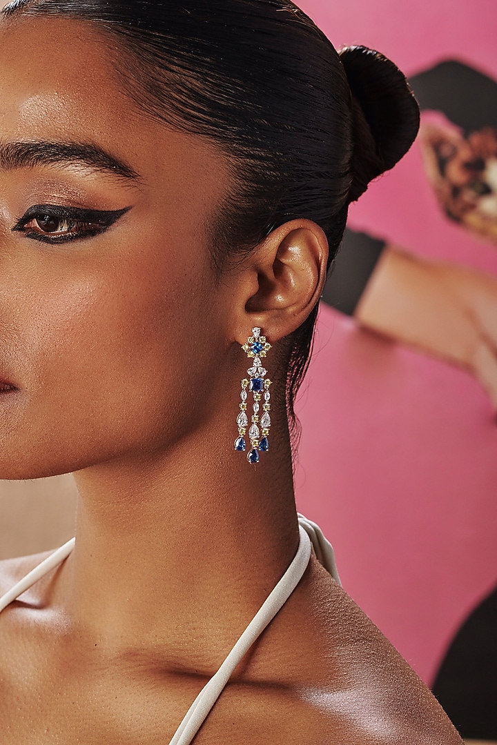 White Rhodium Finish Blue Cubic Zirconia Crystal Chandelier Dangler Earrings In Sterling Silver by MISS JO at Pernia's Pop Up Shop