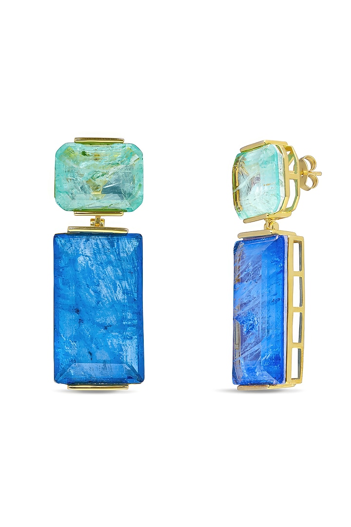 Gold Finish Mint Green & Sky Blue Natural Stone Dangler Earrings In Sterling Silver by MISS JO at Pernia's Pop Up Shop