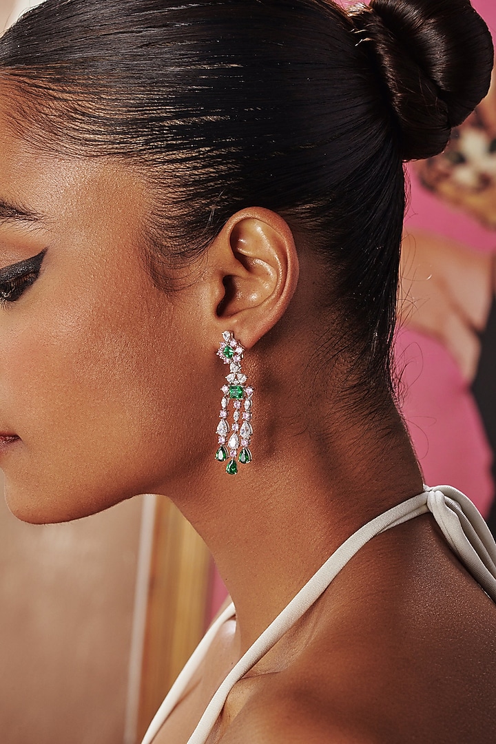 White Rhodium Finish Green Cubic Zirconia Crystal Chandelier Dangler Earrings In Sterling Silver by MISS JO at Pernia's Pop Up Shop