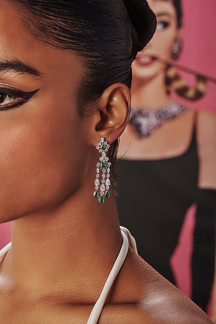 White Rhodium Finish Green Cubic Zirconia Crystal Chandelier Dangler Earrings In Sterling Silver by MISS JO at Pernia's Pop Up Shop
