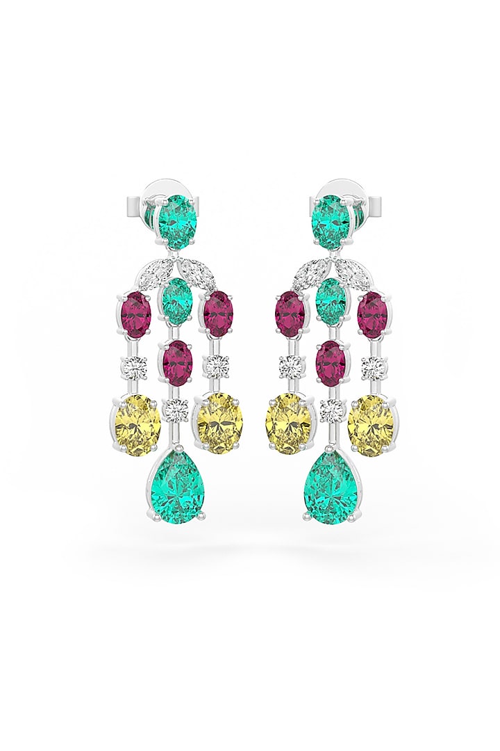 White Rhodium Finish Multi-Colored Cubic Zirconia Crystal Chandelier Dangler Earrings In Sterling Silver by MISS JO at Pernia's Pop Up Shop