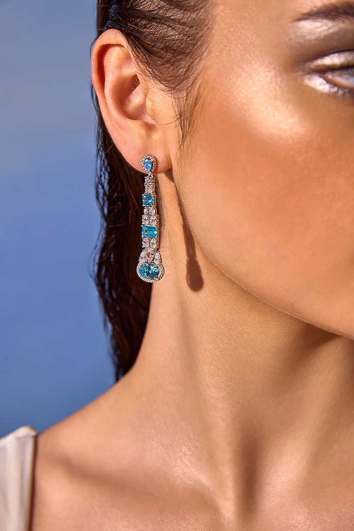 White Rhodium Finish Aqua Cubic Zirconia Crystal Dangler Earrings In Sterling Silver by MISS JO at Pernia's Pop Up Shop