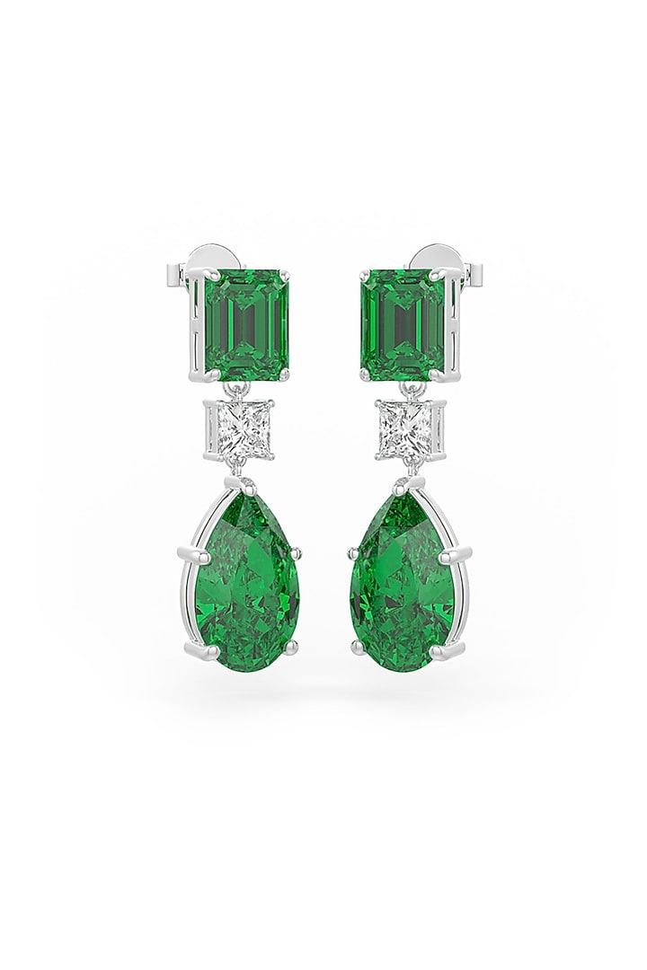 White Rhodium Finish Emerald Green Cubic Zirconia Crystal Dangler Earrings In Sterling Silver by MISS JO at Pernia's Pop Up Shop