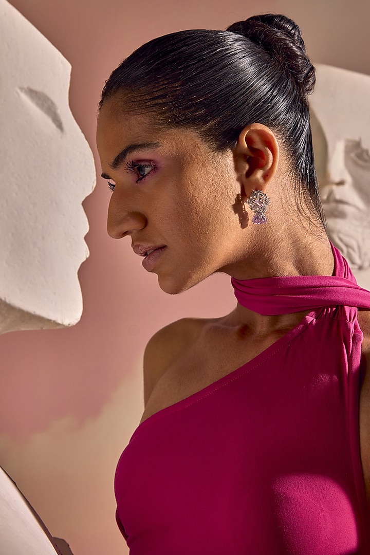 White Rhodium Finish Pink Cubic Zirconia Crystal Floral Dangler Earrings In Sterling Silver by MISS JO at Pernia's Pop Up Shop