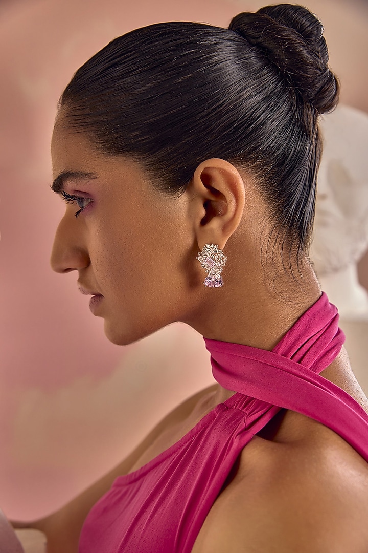 White Rhodium Finish Pink Cubic Zirconia Crystal Floral Dangler Earrings In Sterling Silver by MISS JO at Pernia's Pop Up Shop