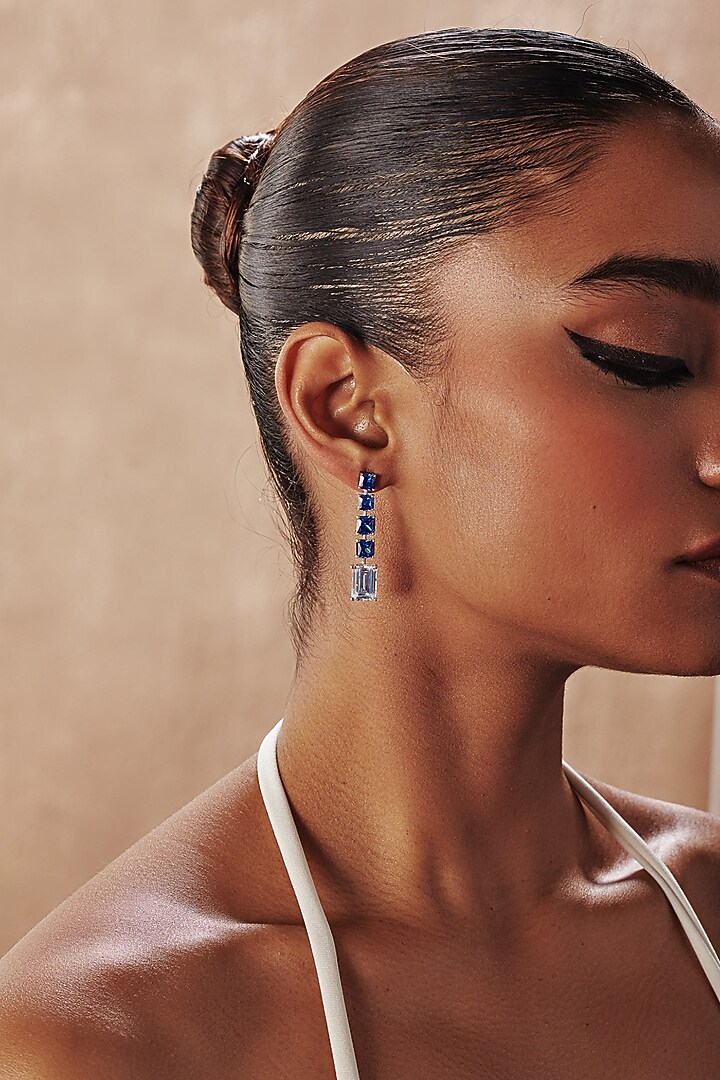 White Rhodium Finish Blue & White Cubic Zirconia Crystal Dangler Earrings In Sterling Silver by MISS JO at Pernia's Pop Up Shop
