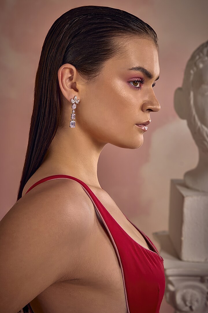 White Rhodium Finish Pink Cubic Zirconia Crystal Dangler Earrings In Sterling Silver by MISS JO at Pernia's Pop Up Shop