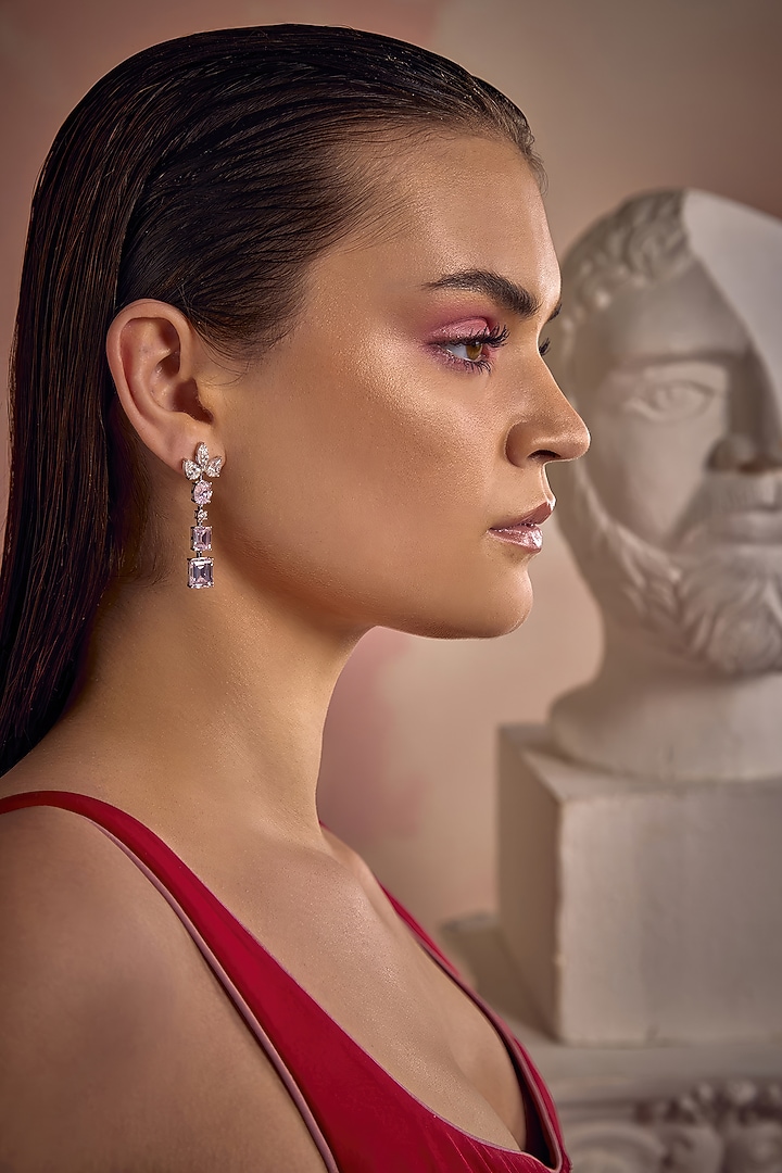 White Rhodium Finish Pink Cubic Zirconia Crystal Dangler Earrings In Sterling Silver by MISS JO at Pernia's Pop Up Shop