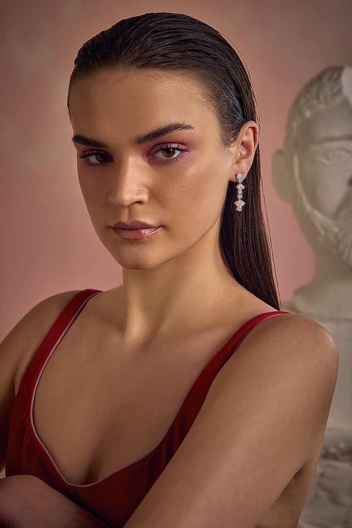White Rhodium Finish Pink Cubic Zirconia Crystal Dangler Earrings In Sterling Silver by MISS JO at Pernia's Pop Up Shop