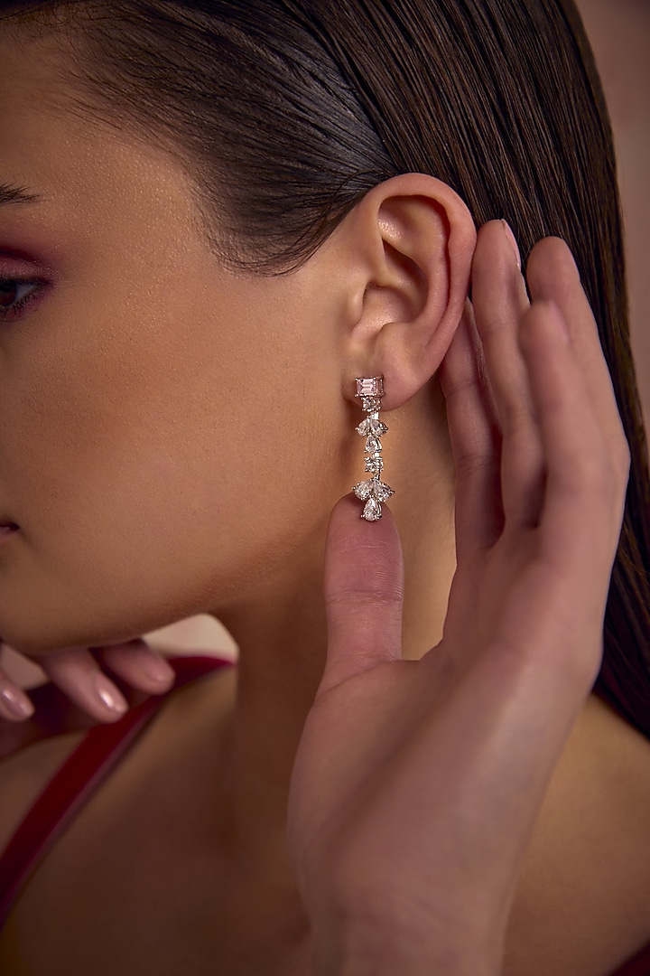 White Rhodium Finish Pink Cubic Zirconia Crystal Dangler Earrings In Sterling Silver by MISS JO at Pernia's Pop Up Shop