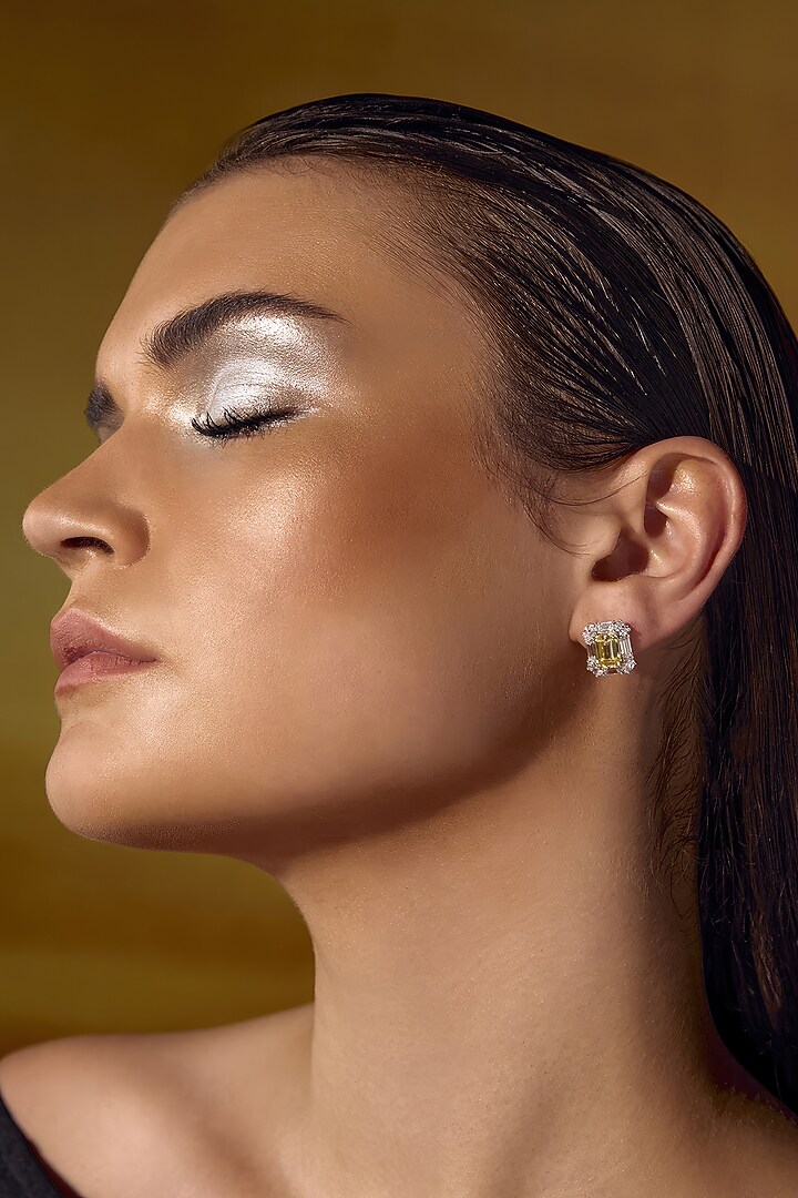 White Rhodium Finish Yellow Cubic Zirconia Crystal Stud Earrings In Sterling Silver by MISS JO at Pernia's Pop Up Shop