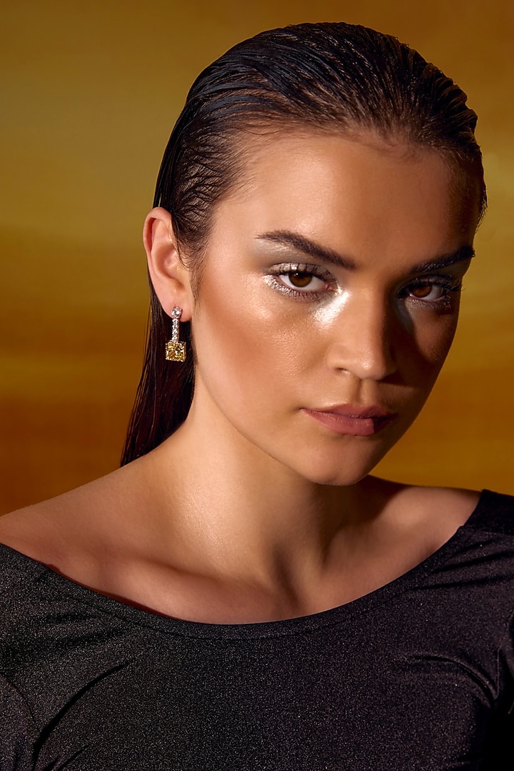 White Rhodium Finish Yellow Cubic Zirconia Crystal Stud Earrings In Sterling Silver by MISS JO at Pernia's Pop Up Shop
