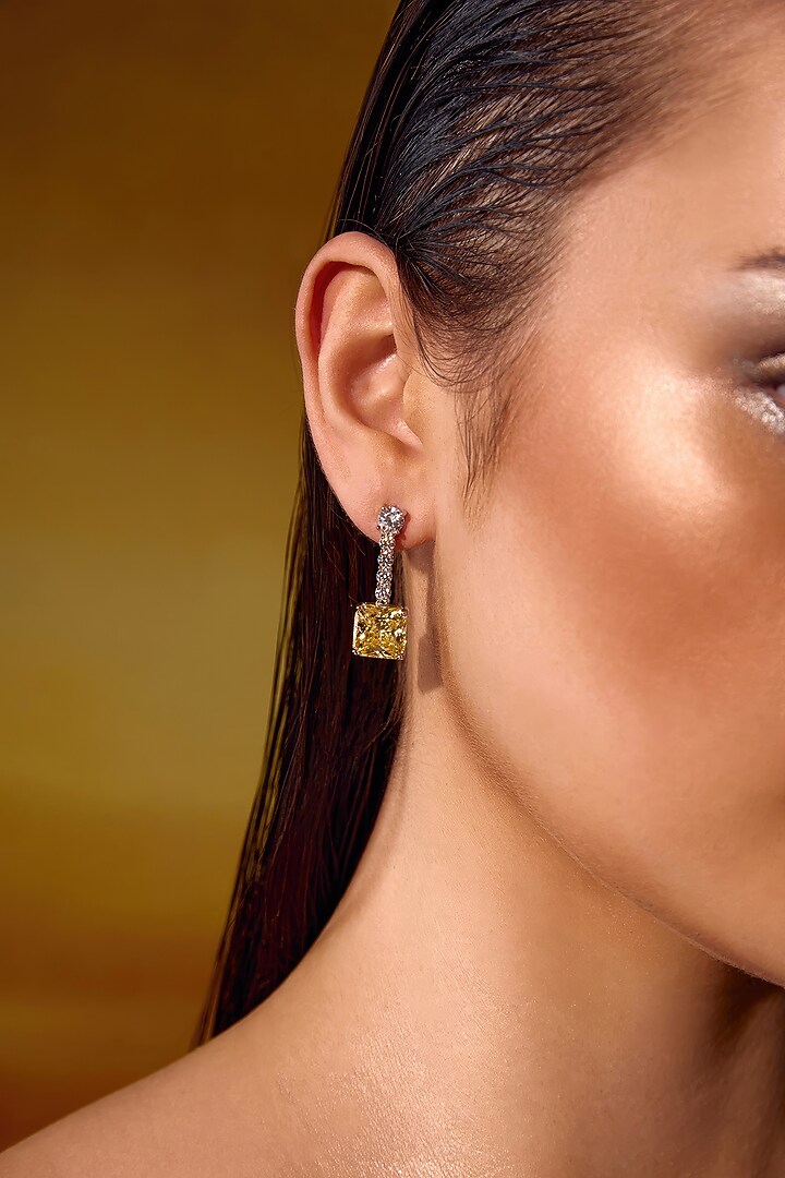 White Rhodium Finish Yellow Cubic Zirconia Crystal Stud Earrings In Sterling Silver by MISS JO at Pernia's Pop Up Shop