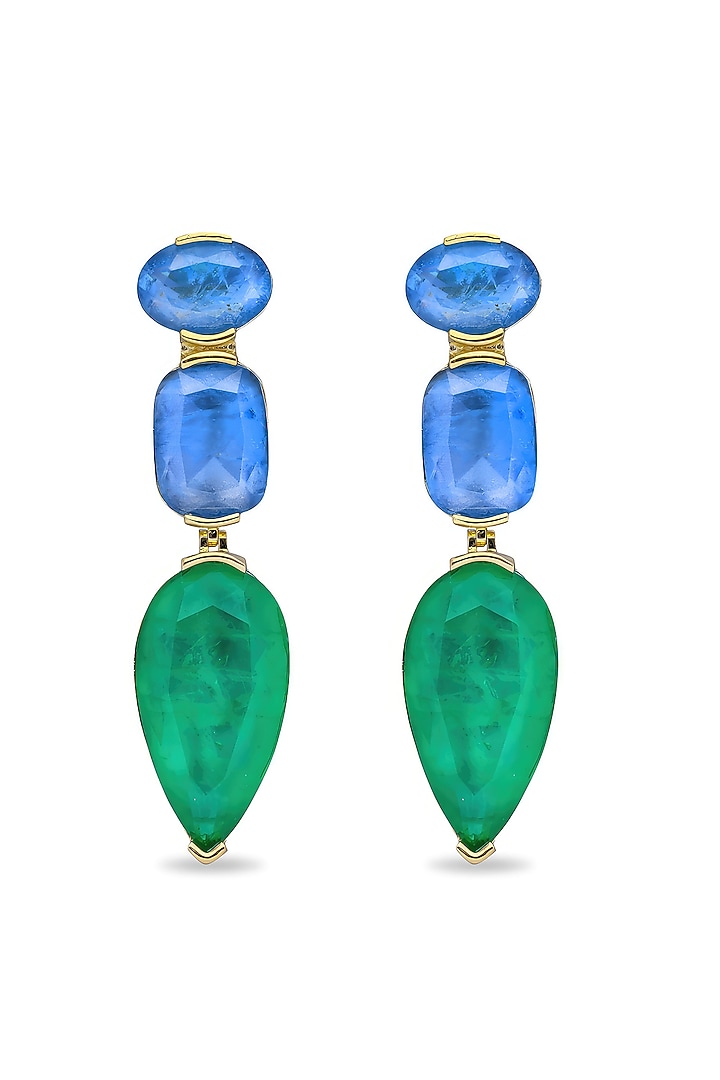 Gold Finish Azure Blue & Emerald Green Natural Stone Drop Dangler Earrings In Sterling Silver by MISS JO at Pernia's Pop Up Shop