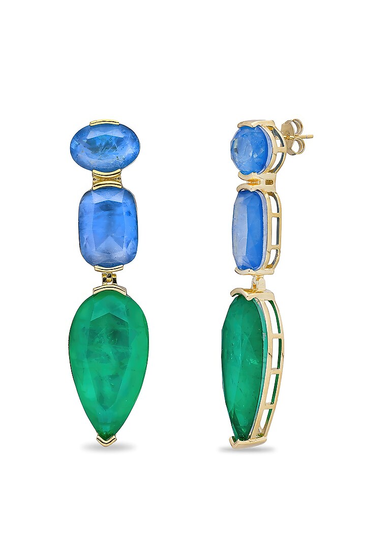 Gold Finish Azure Blue & Emerald Green Natural Stone Drop Dangler Earrings In Sterling Silver by MISS JO at Pernia's Pop Up Shop
