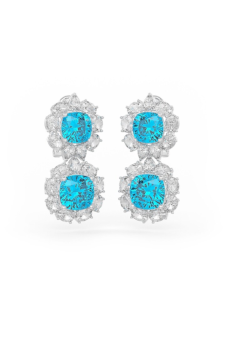 White Rhodium Finish Aqua Cubic Zirconia Crystal Dangler Earrings In Sterling Silver by MISS JO at Pernia's Pop Up Shop