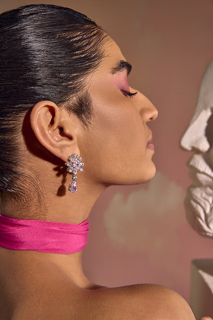 White Rhodium Finish Pink Cubic Zirconia Crystal Floral Cluster Teardrop Earrings In Sterling Silver by MISS JO at Pernia's Pop Up Shop