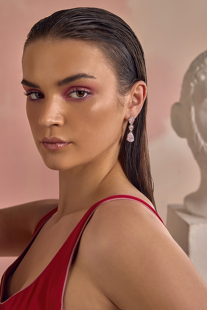 White Rhodium Finish Pink Cubic Zirconia Crystal Floral Cluster Teardrop Earrings In Sterling Silver by MISS JO at Pernia's Pop Up Shop